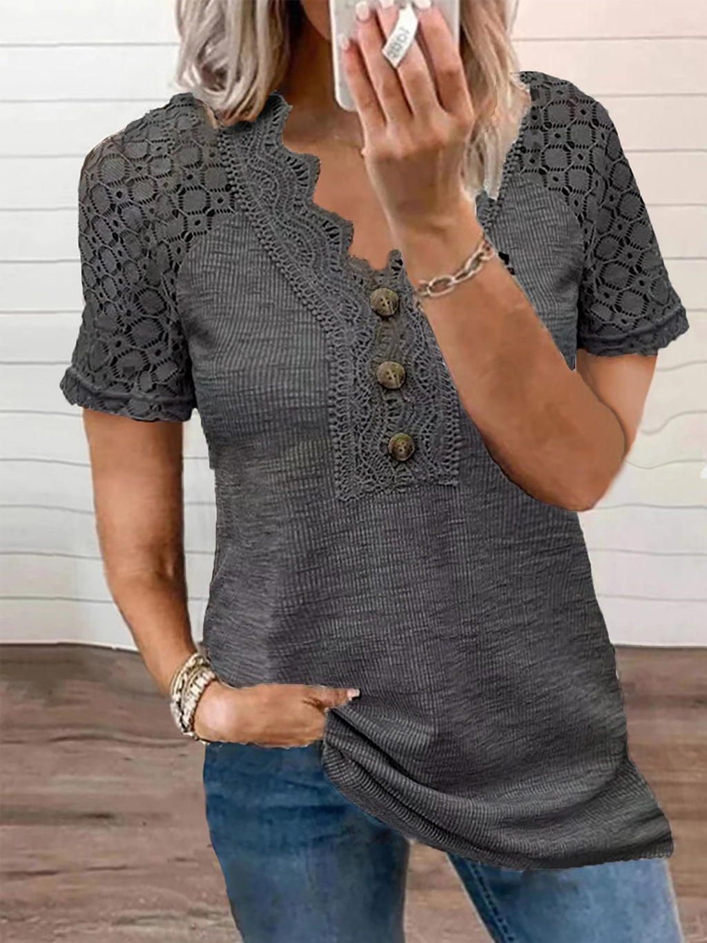 Women's V-neck Buttons Hollow Lace T-shirt