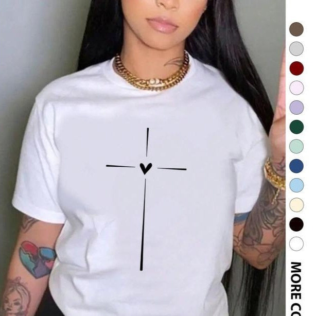 Women's Cross Heart Print Round Neck Tee Graphic Tees T-shirt