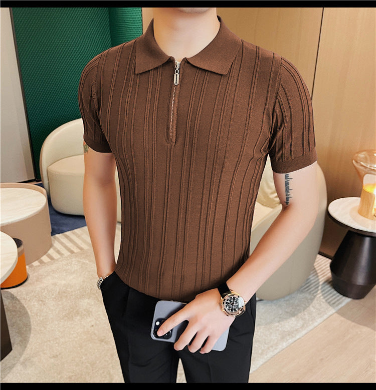 Casual Zipper Short Sleeve Men's Retro Elegant Jacquard Lapel