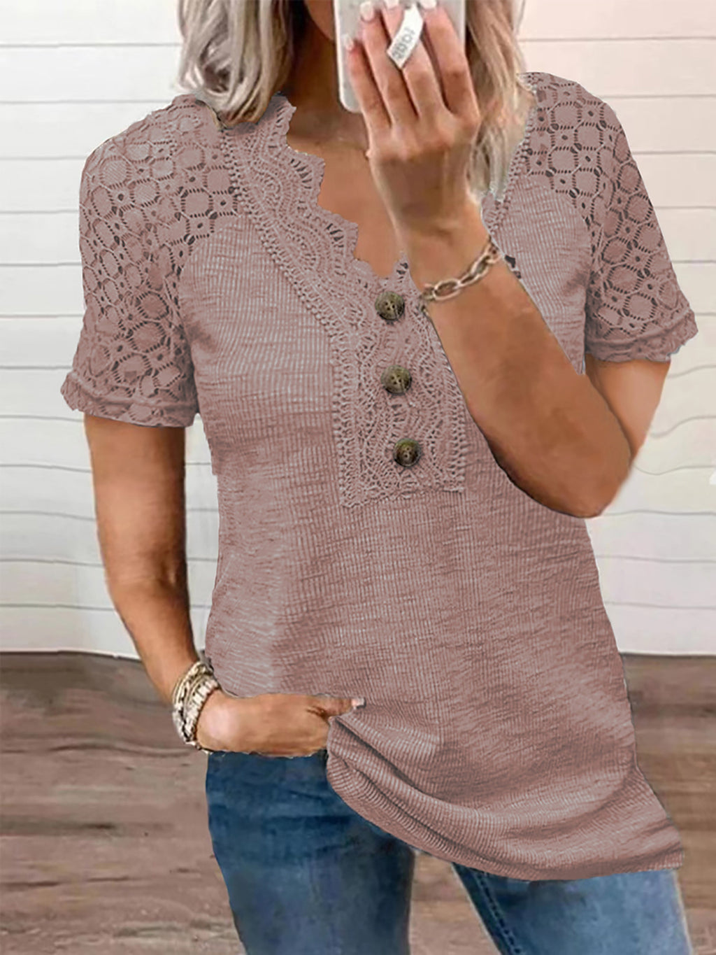 Women's V-neck Buttons Hollow Lace T-shirt