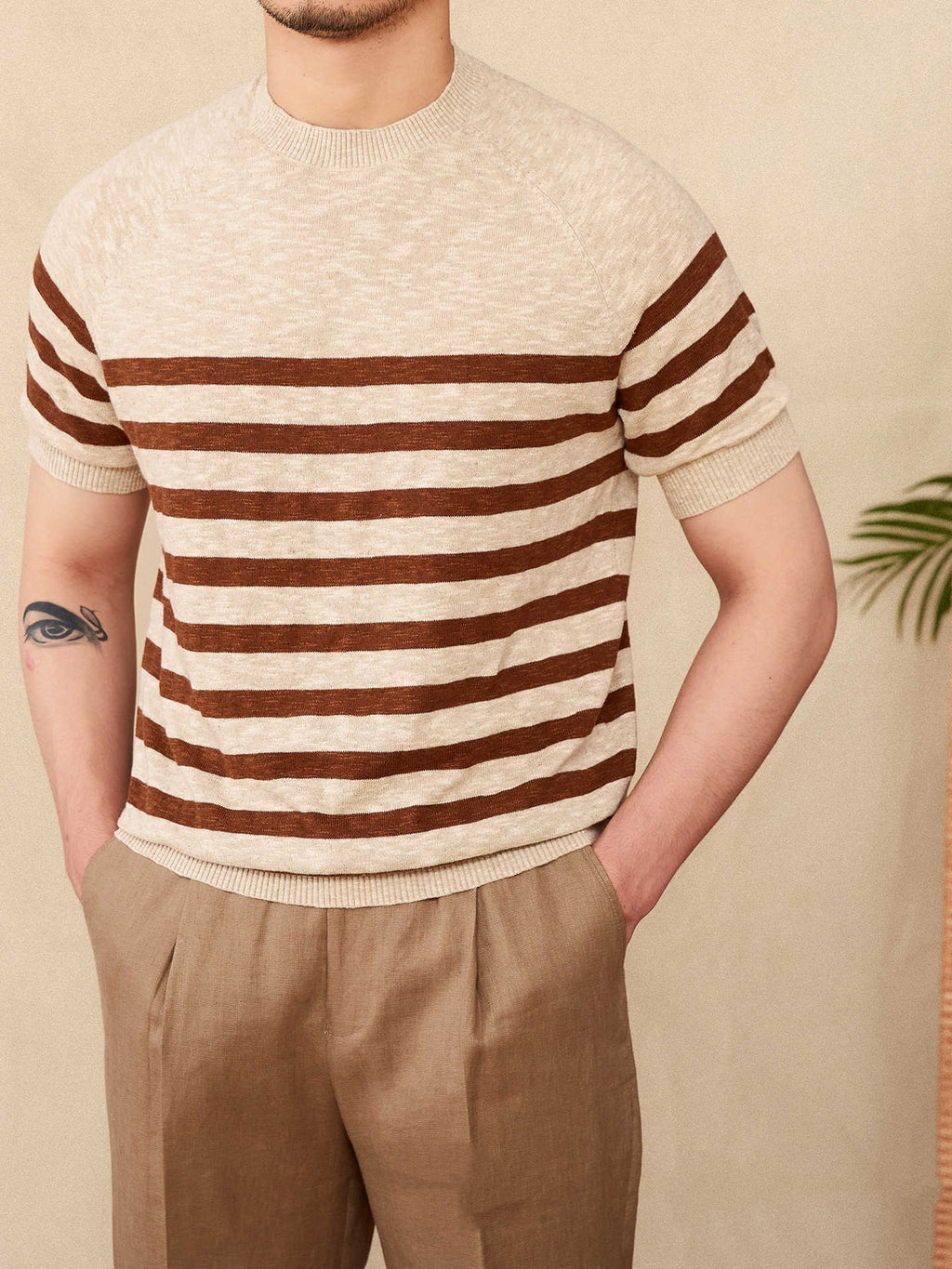 Linen Leisure Cotton Short Sleeve Round Neck Stripe Knitted T-shirt