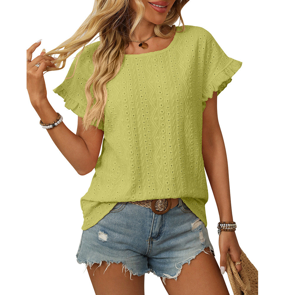 Solid Color Round Neck Sweet Short Sleeve T-shirt Hollow Top