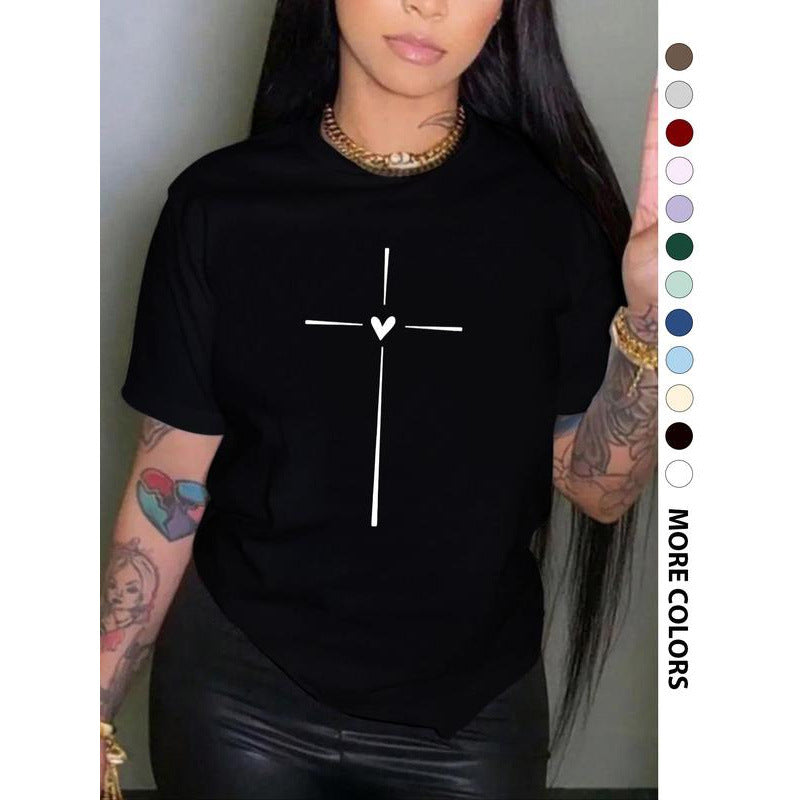 Women's Cross Heart Print Round Neck Tee Graphic Tees T-shirt