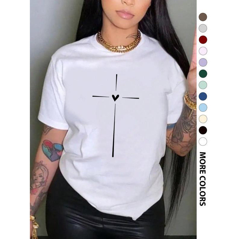 Women's Cross Heart Print Round Neck Tee Graphic Tees T-shirt