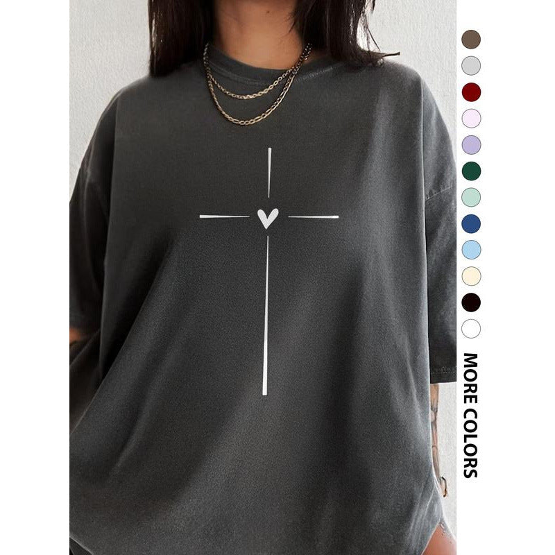 Women's Cross Heart Print Round Neck Tee Graphic Tees T-shirt