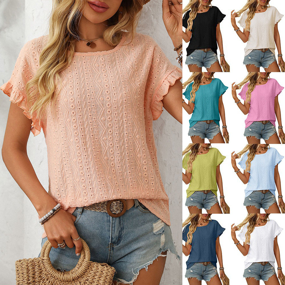 Solid Color Round Neck Sweet Short Sleeve T-shirt Hollow Top