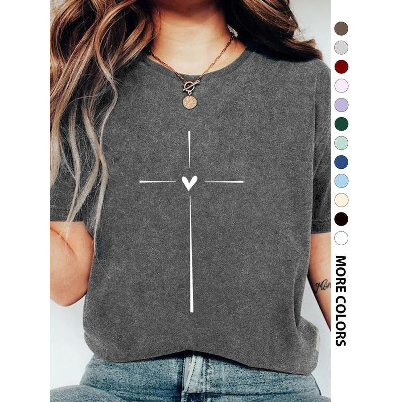 Women's Cross Heart Print Round Neck Tee Graphic Tees T-shirt