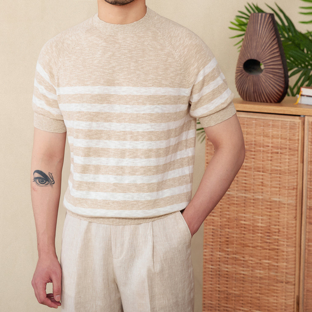 Linen Leisure Cotton Short Sleeve Round Neck Stripe Knitted T-shirt