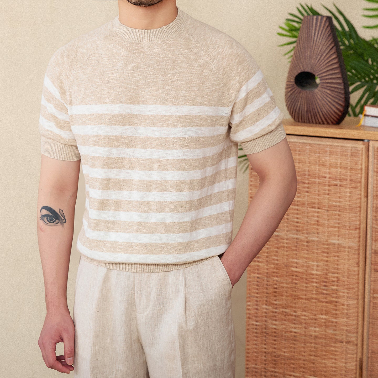 Linen Leisure Cotton Short Sleeve Round Neck Stripe Knitted T-shirt