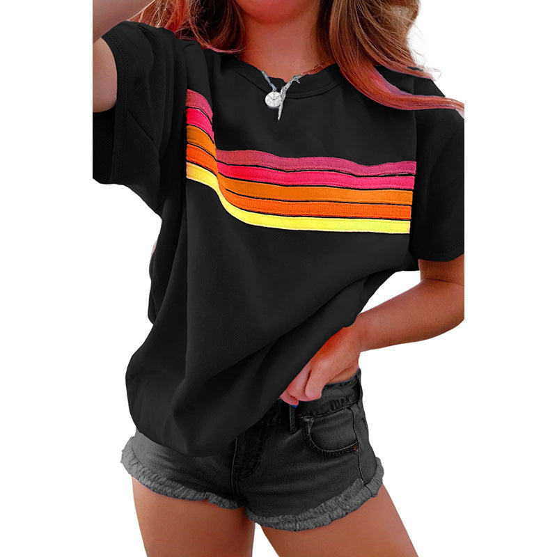 Casual All-matching Striped Contrast Color Women's T-shirt