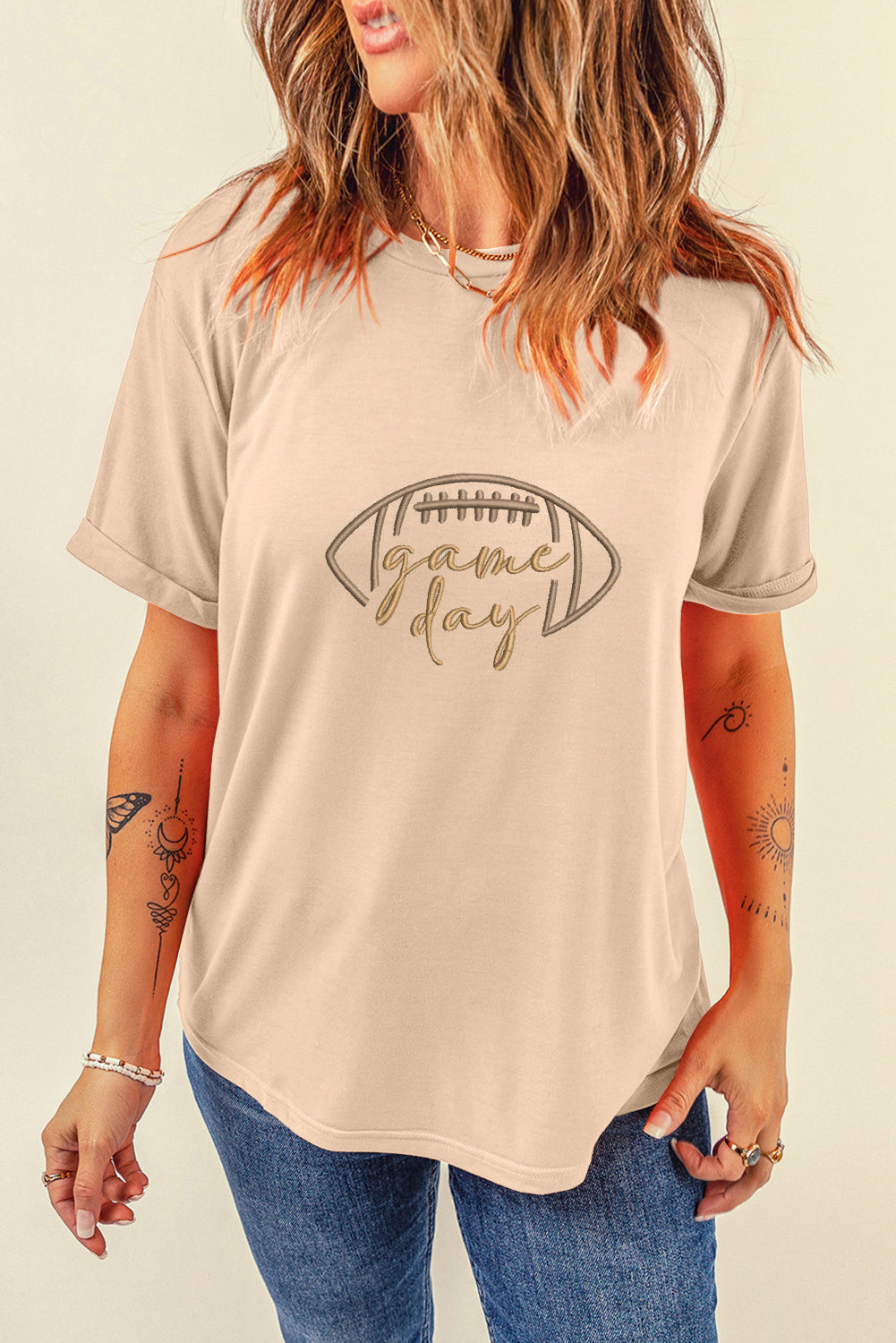 Khaki Game Day Rugby Embroidered Graphic T Shirt
