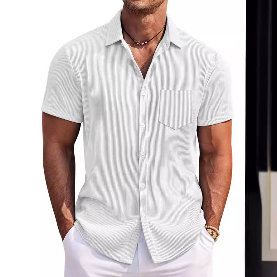 Solid Color Loose Vertical Striped Men's Short-sleeved Shirt