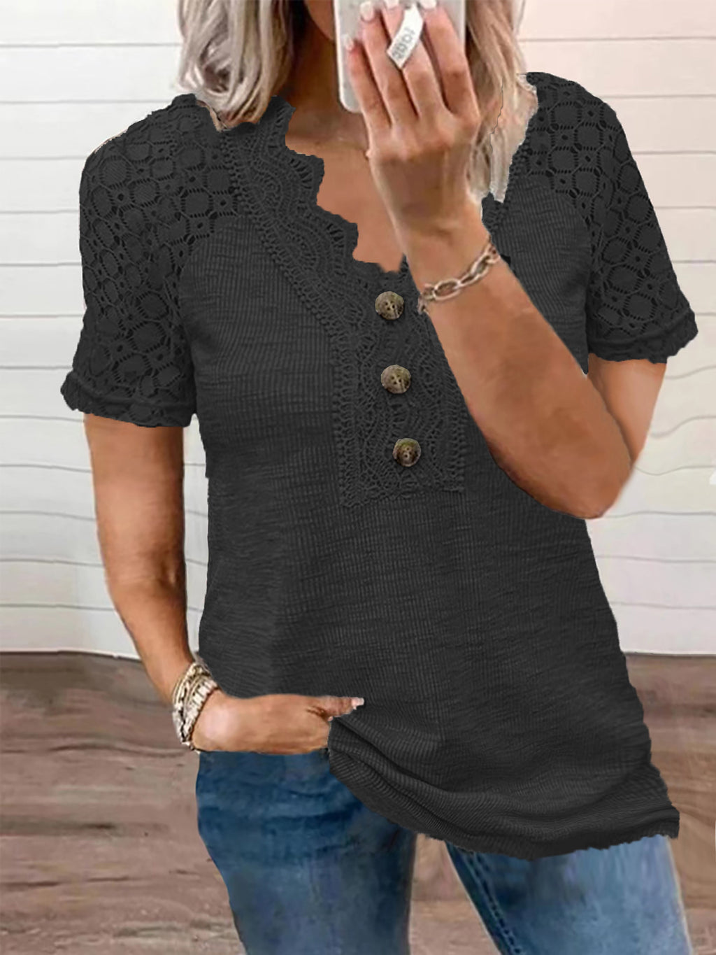 Women's V-neck Buttons Hollow Lace T-shirt