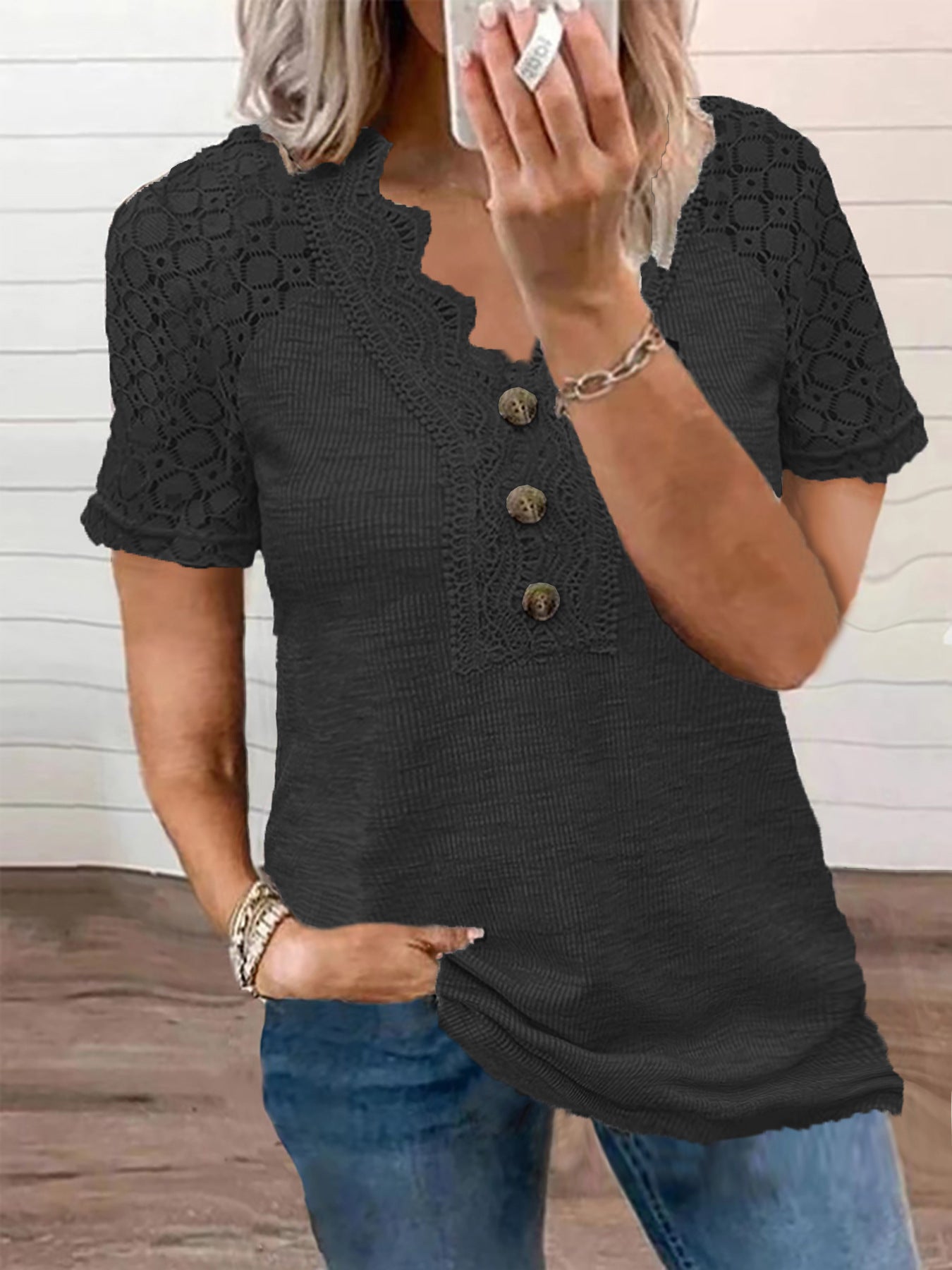 Women's V-neck Buttons Hollow Lace T-shirt