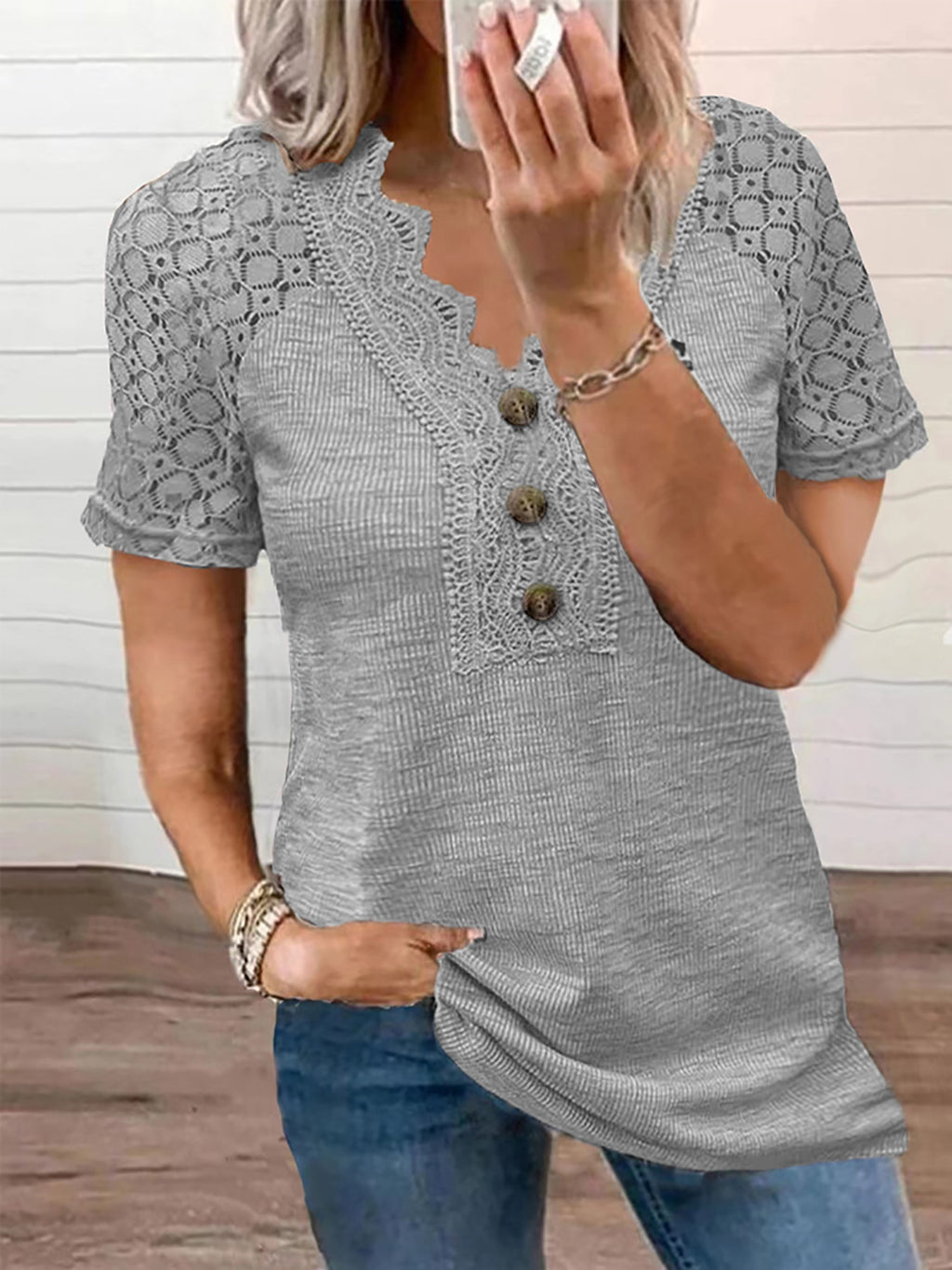 Women's V-neck Buttons Hollow Lace T-shirt
