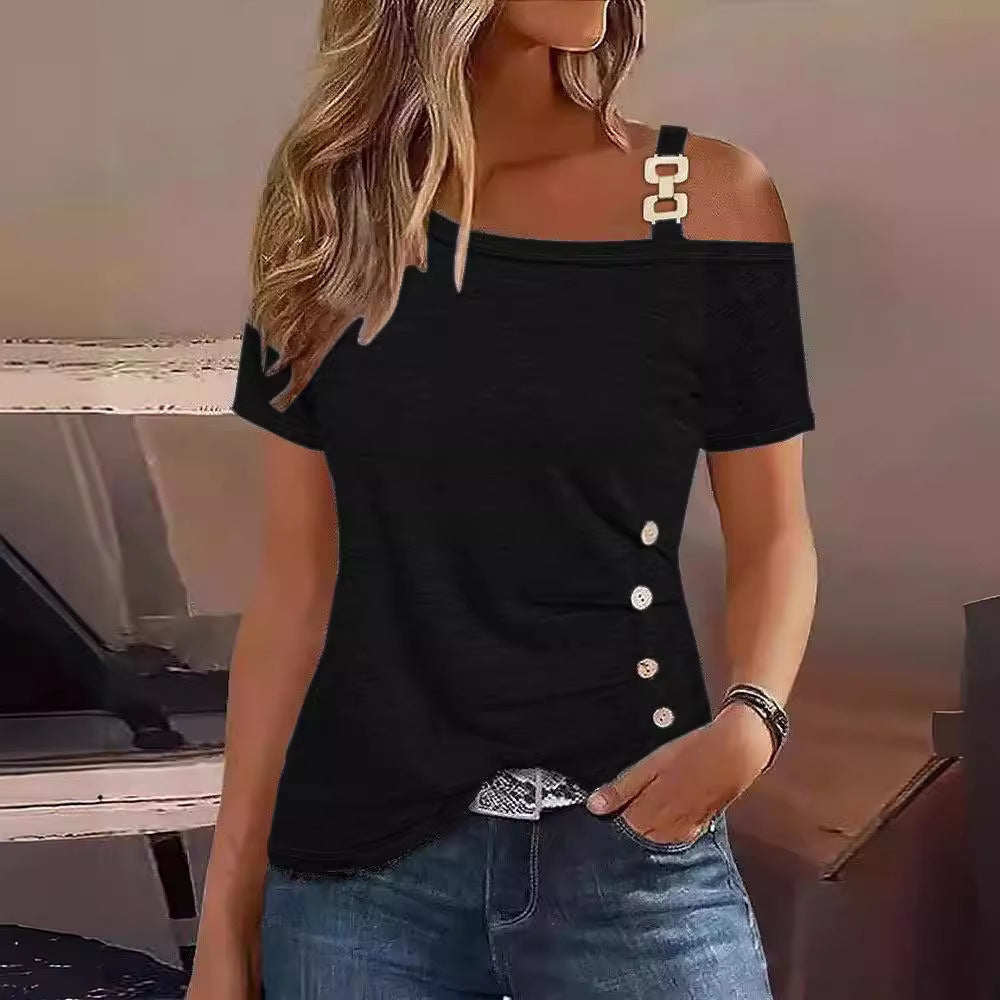 Simplicity Short-sleeved Metal Buckle Printed Top T-shirt