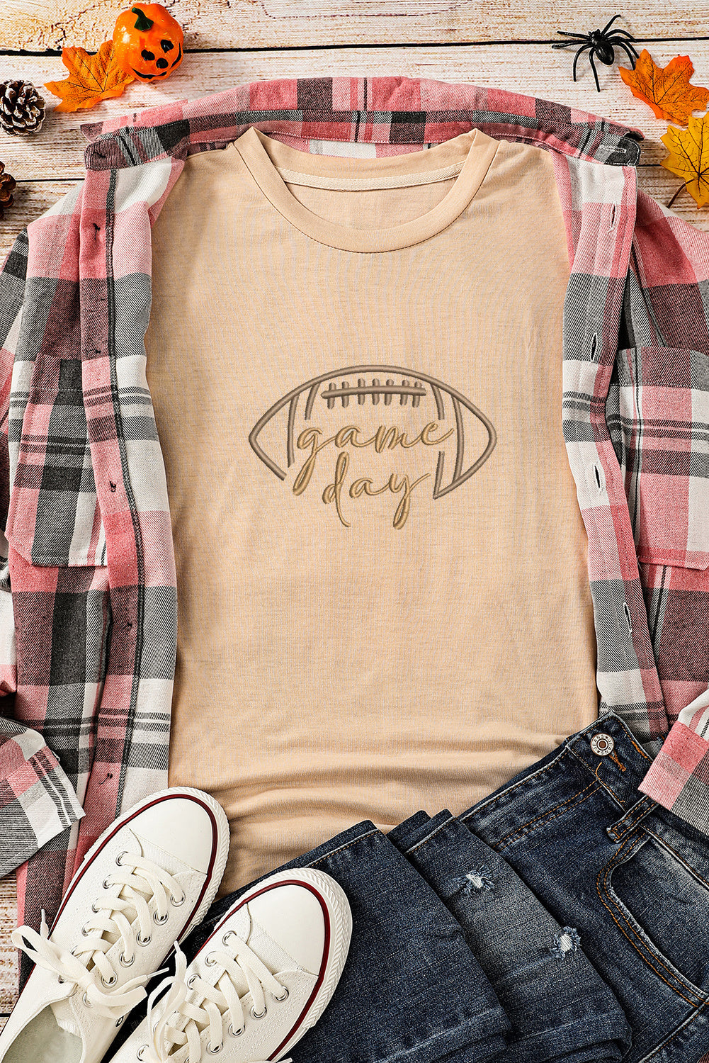 Khaki Game Day Rugby Embroidered Graphic T Shirt