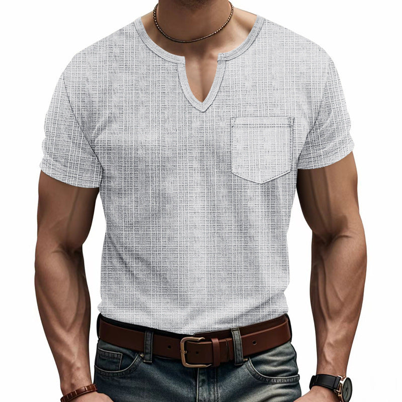 Men's Artificial Linen Bamboo Loose Casual Breathable V-neck Solid Color Short Sleeve