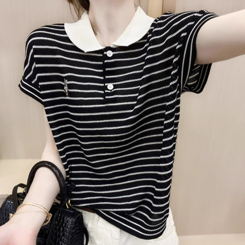 Ice Silk Short Sleeve Striped Embroidery Contrast Color Button Polo